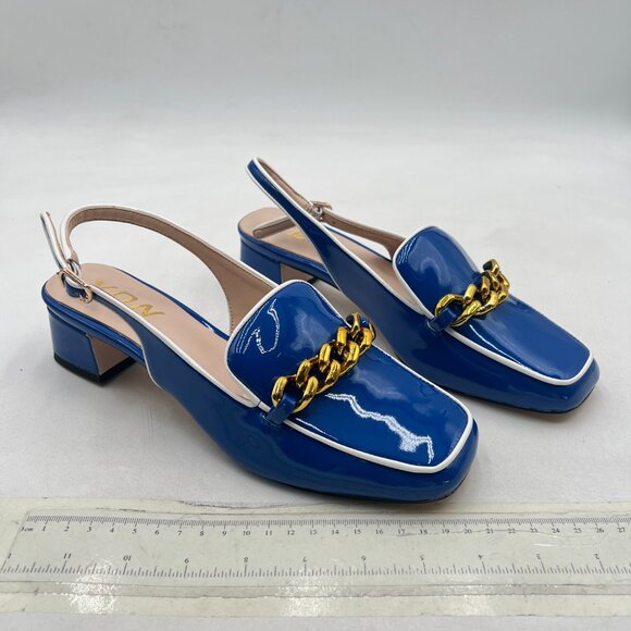 YDN Chain Royal Blue Square Toe Block Low Heels Slingback Formal Loafer Pumps - Picture 4 of 8